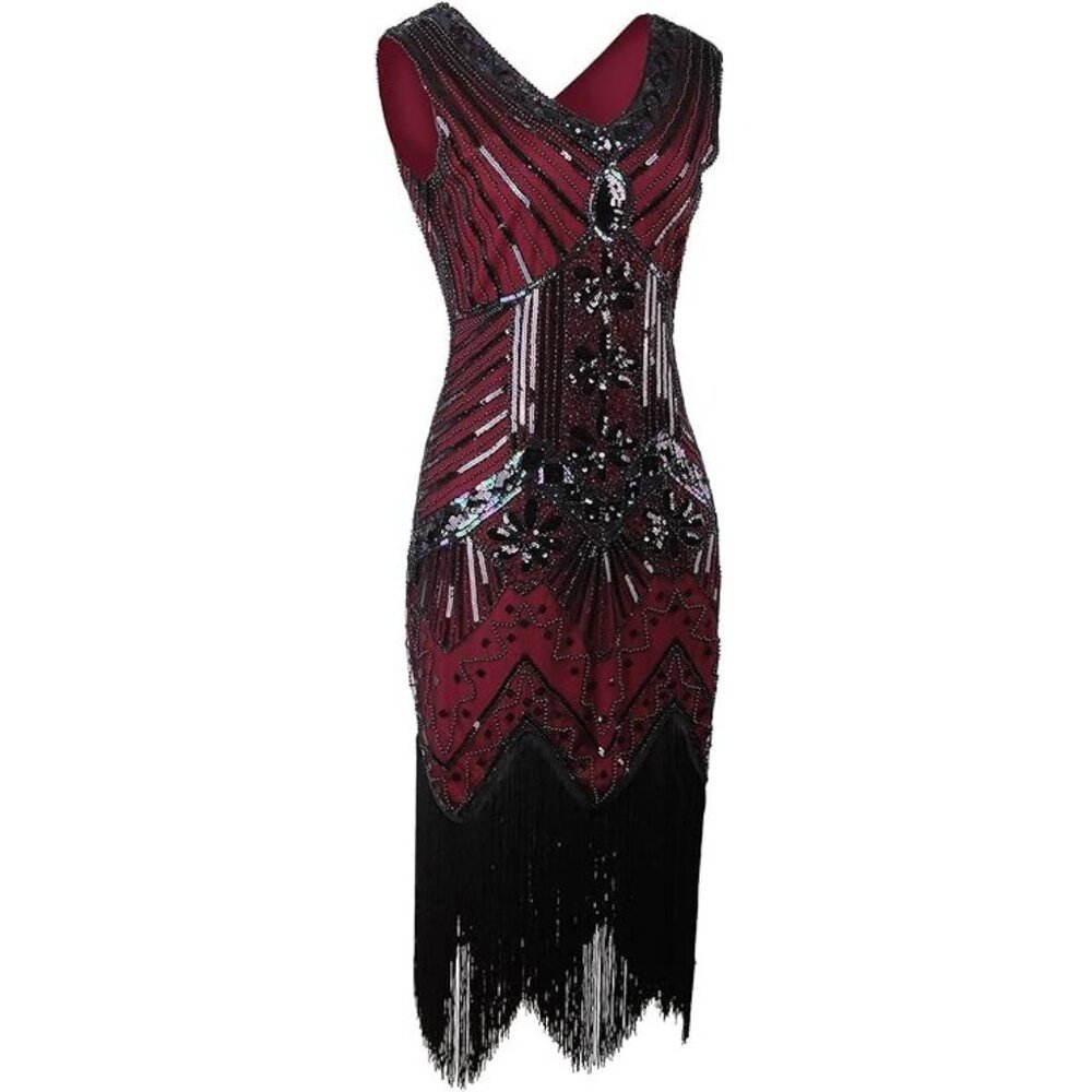 Women XL Flapper dress costume halloween maroon Burgundy wine fringe black Party - Picture 10 of 14
